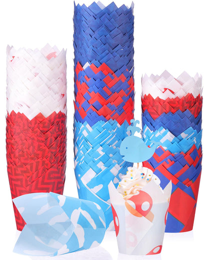 Reallnaive 500 Counts Muffin Liners Mushroom Party Decorations Red Blue Tulip Cupcake Liners Cupcake Baking Wrappers Grease Proof Cake Holders for Theme Birthday Party Supplies