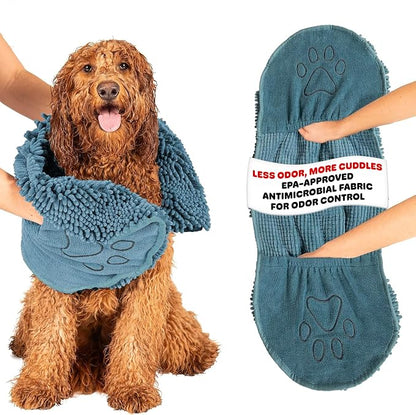Dog Gone Smart The Dirty Dog Shammy - Antimicrobial Microfiber Dog Towel for Odor Control, Fast-Drying Plush, Dual Hand Pockets & Elastic, Super Absorbent, Machine Washable, 31 x 13 in, Pacific Blue