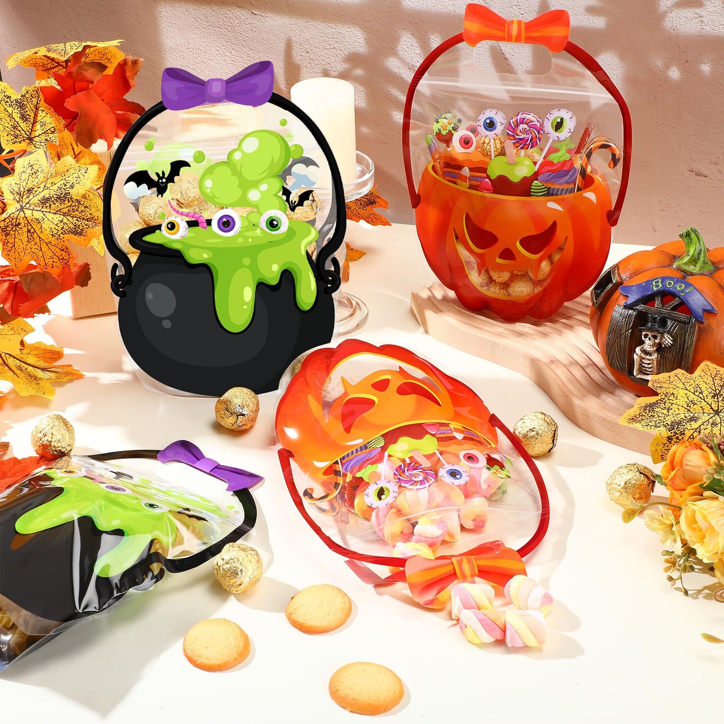 Fuutreo 50 Pcs Halloween Bags Plastic Halloween Goodie Bags with Handles Scary Cauldron Sealed Pouch Sealing Pumpkin Treat Candy Pouch for Scary Holiday Party Candy Gift Supplies Decor(Bubble Gourd)
