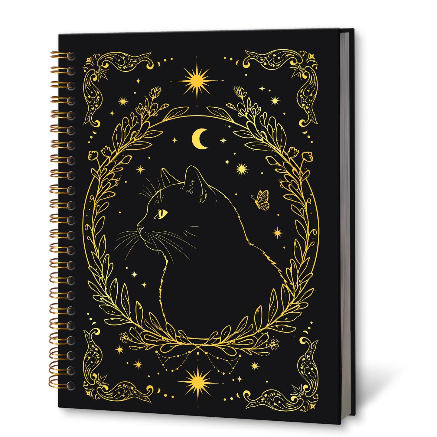 KTYHD Gothic Witchy Tarot Cat Notebook Journal 5.5x8.3in,Gothic Gold and Black Cat Journal for Writing,Goth Witch Animal Hardcover Spiral Notebooks