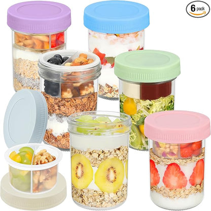 Xyptorix 16 oz Overnight Oats Containers with Airtight Lids - 6-Pack Leak-Proof Wide Mouth Mason Jars & Divided Cups for Dried and Wet Foods, Glass Jars for Chia Pudding, Salad, Snacks, and Yogurt