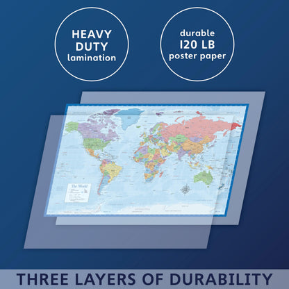 3 Pack - World & USA Maps + Solar System Poster Set [BLUE] (LAMINATED, 18" x 29")