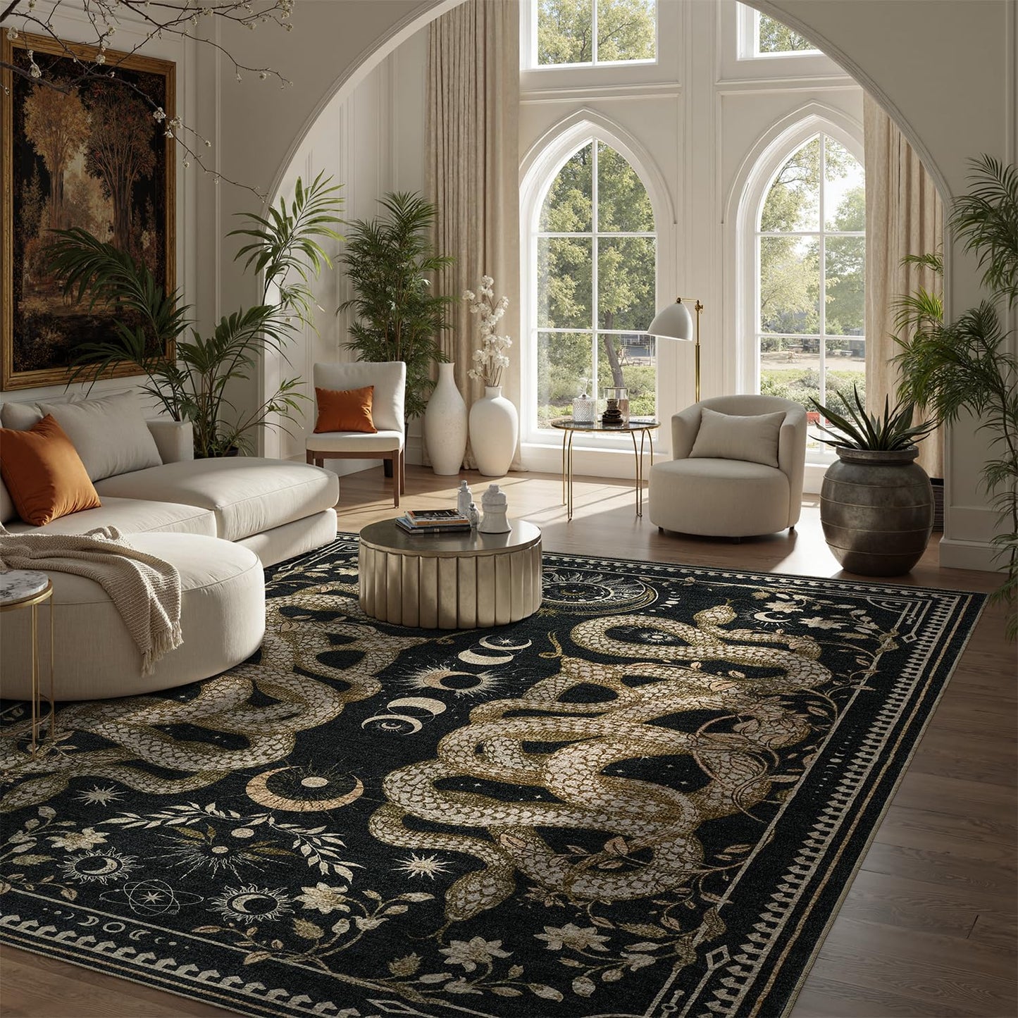 DCX Washable 5x7 Snake Rug, Black Gothic Rug for Living Room, Soft Low Pile Carpet, Kid & Pet Friendly with Rubber Back Non Slip, Stain Resistant Rug for Bedroom Dining Room Office