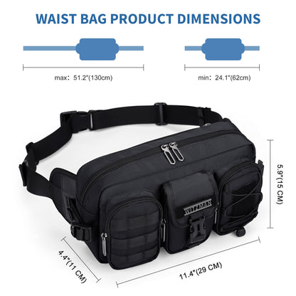 WITZMAN Fanny Pack for Men Fashion Waist Zipper Pack Bags Mens Belt Bag with Multi-pocket for Traveling Daily Walking（B733 Black）