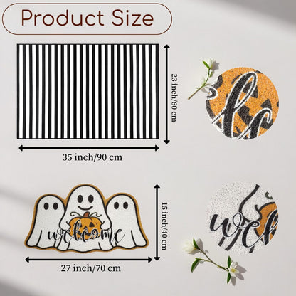 2 Pcs Halloween Welcome Door Mats, Ghost Outdoor Polypropylene Coir Mat with White Ghosts & Pumpkin, Black White Stripe Crystal Velvet Non-Slip Rug for Front Porch Entryway
