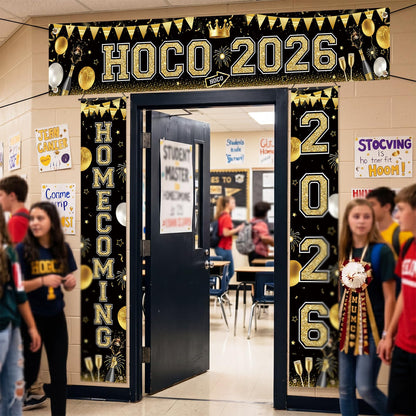 Fanfanwin 3 Pcs Hoco 2026 Banner Decorations for Hoco Party 2026 Black and Gold Homecoming 2026 Banner Yard Decorations for Homecoming Dance Party Background Supply