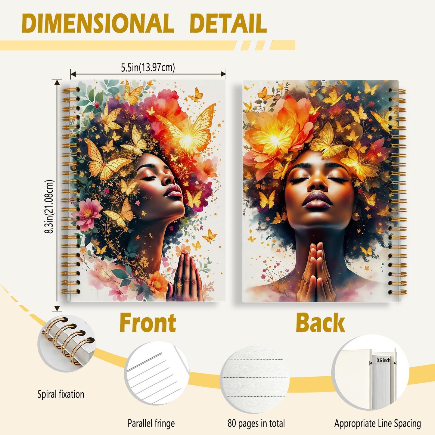 sdfkmlcdl Inspirational Black Women Praying Spiral Notebook, African American Gifts Journal for Black Women, Fantasy Golden Butterfly Flower Hardcover Journal, 5.5x8.3