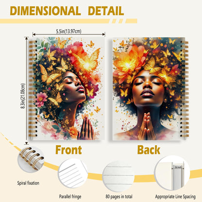 sdfkmlcdl Inspirational Black Women Praying Spiral Notebook, African American Gifts Journal for Black Women, Fantasy Golden Butterfly Flower Hardcover Journal, 5.5x8.3