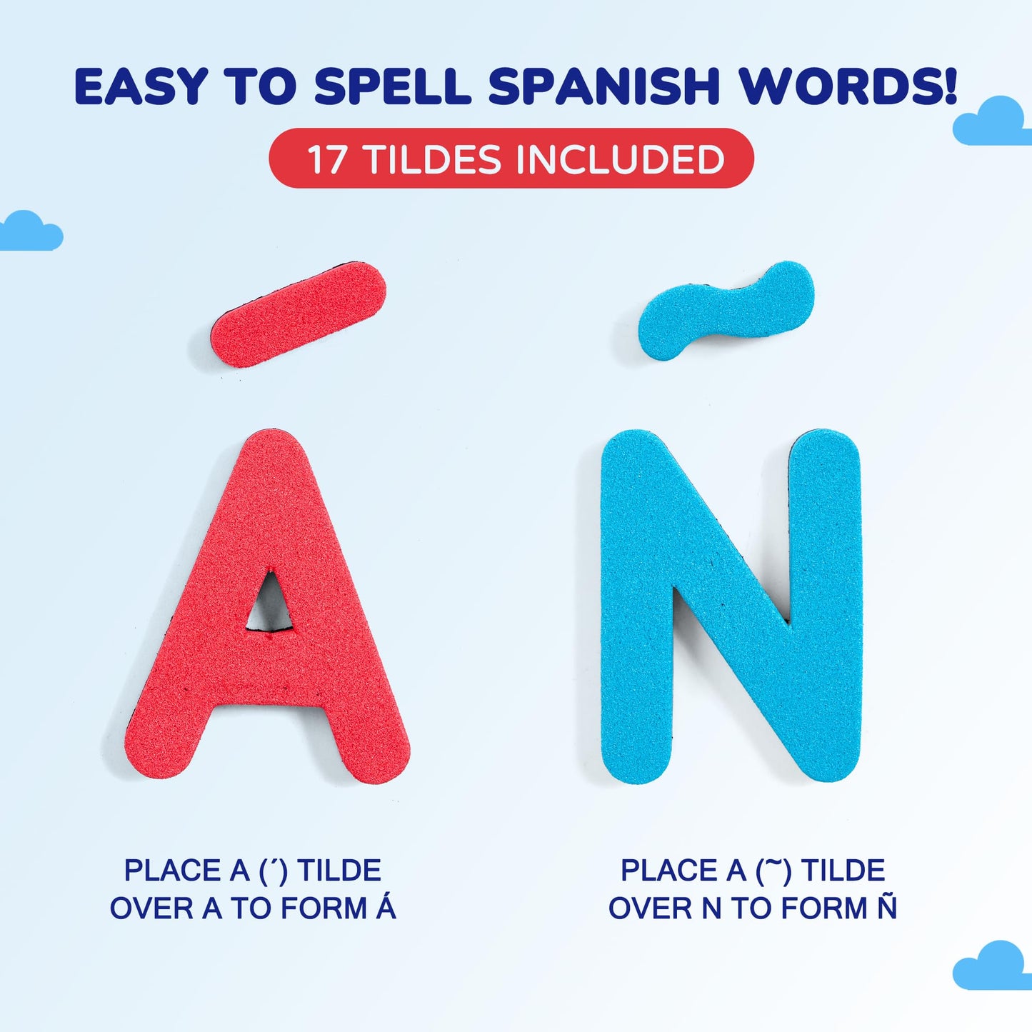 JoyCat English & Spanish Magnetic Letters Kit, 260 Pcs Foam Alphabet Magnets with Spanish Symbols & Double-Sided Magnetic Whiteboard, Bilingual Preschool Learning Toys for Classroom & Homeschool