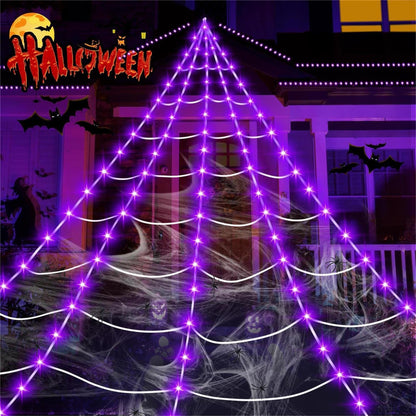 uesreaxy Halloween Decorations Outdoor, 250LED 23x18 FT Giant Spider Web with Purple Lights, Lighted Triangular Black Spider Web with Sturdy Wire, Waterproof, Timer, 8 Modes for Yard Halloween Décor
