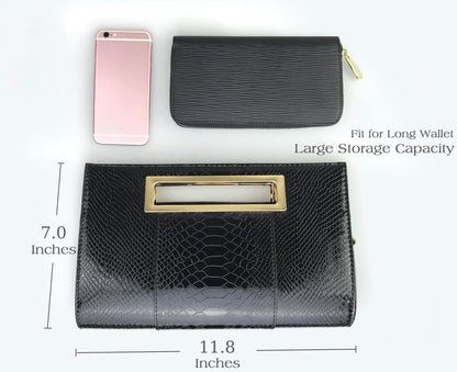 HOXIS Classic Crocodile Pattern Faux Patent Leather Metal Grip Cut it out Clutch with Shoulder Strap Womens Handbag(Black)