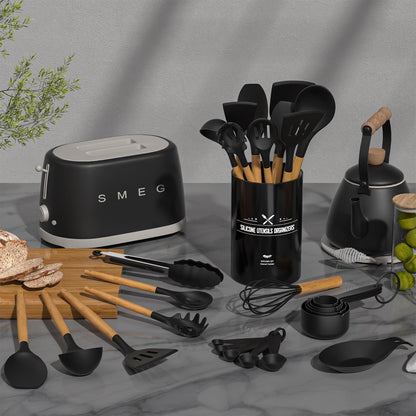 Umite Chef Kitchen Cooking Utensils Set, 33 pcs Non-Stick Silicone Cooking Kitchen Spatula Set with Holder, Wooden Handle Silicone Kitchen Gadgets Utensil Set (Black)