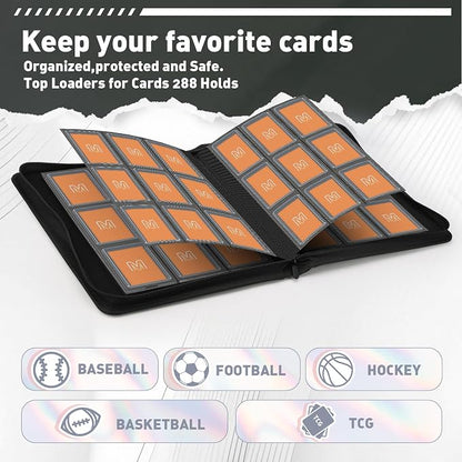 Toploader Binder,Trading Card Binder Storage Hold up 288 Cards 9-Pocket Top Loader Binder with Sleeves for 3"x4" Rigid Toploaders Hard Cases (9Black)
