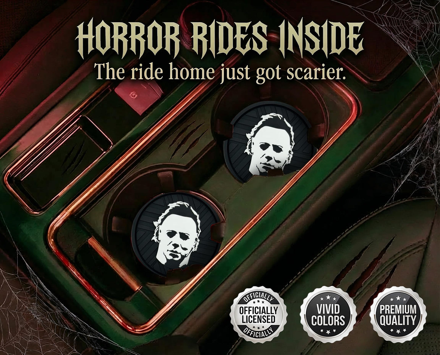 NJECT Officially Licensed Michael Myers Halloween Automotive 3D Textured Silicone Coasters (2.6" Diameter) | Universal Fit for All Cars, Trucks, SUVs & More | Non-Slip Durable | Set of 2