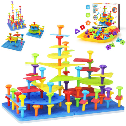 Ggiibro Peg Board Toy Set 101Pcs DIY Building Stacking Toys for Kids 3-6 Years Old,STEM Educational Kids Toy for Brain Development,Montessori Sensory Toys,Plastic Lacing String Game