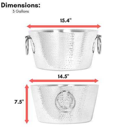 BIRDROCK HOME Hammered Stainless Steel Round Beverage Tub with Handles - Double Wall Insulated 3 Gallons - Metal Drink Cooler & Ice Bucket for Parties - Outdoor Aluminum Holder for Bottles & Soda