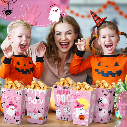 Gueevin 24 Pcs Halloween Popcorn Boxes Pink Ghost Treat Boxes Candy Cookie Holder Container for Halloween Party Favors Supplies Decorations