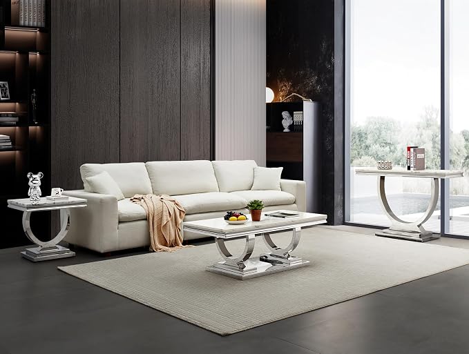 4 Piece Living Room Table Set Include 1 Faux Marble Coffee Table & 2 End Tables& 1 Console Table, Modern White Silver Coffee Table Set of 4 with Double O Shape Stainless Steel Pedestal Base