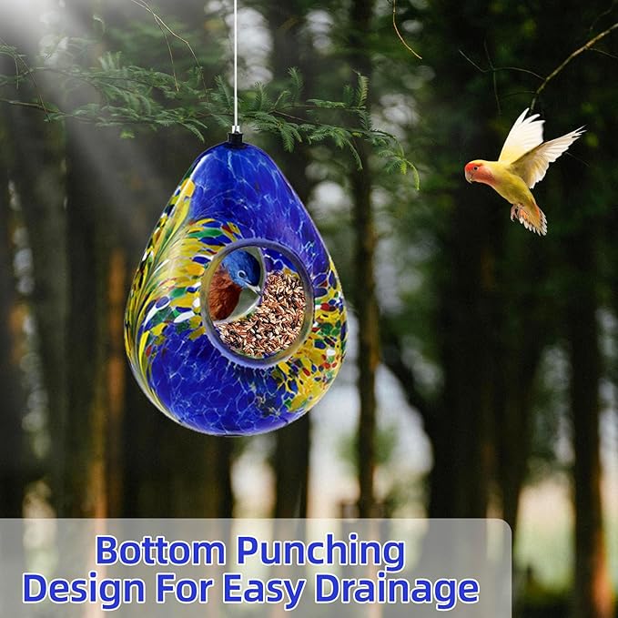 VOREEN Glass Bird Feeder, Handcrafted Hanging Fly-Through Feeder for Outdoor Garden & Backyard, Decorative Wild Bird Feeder with Steel Wire Cable,Blue