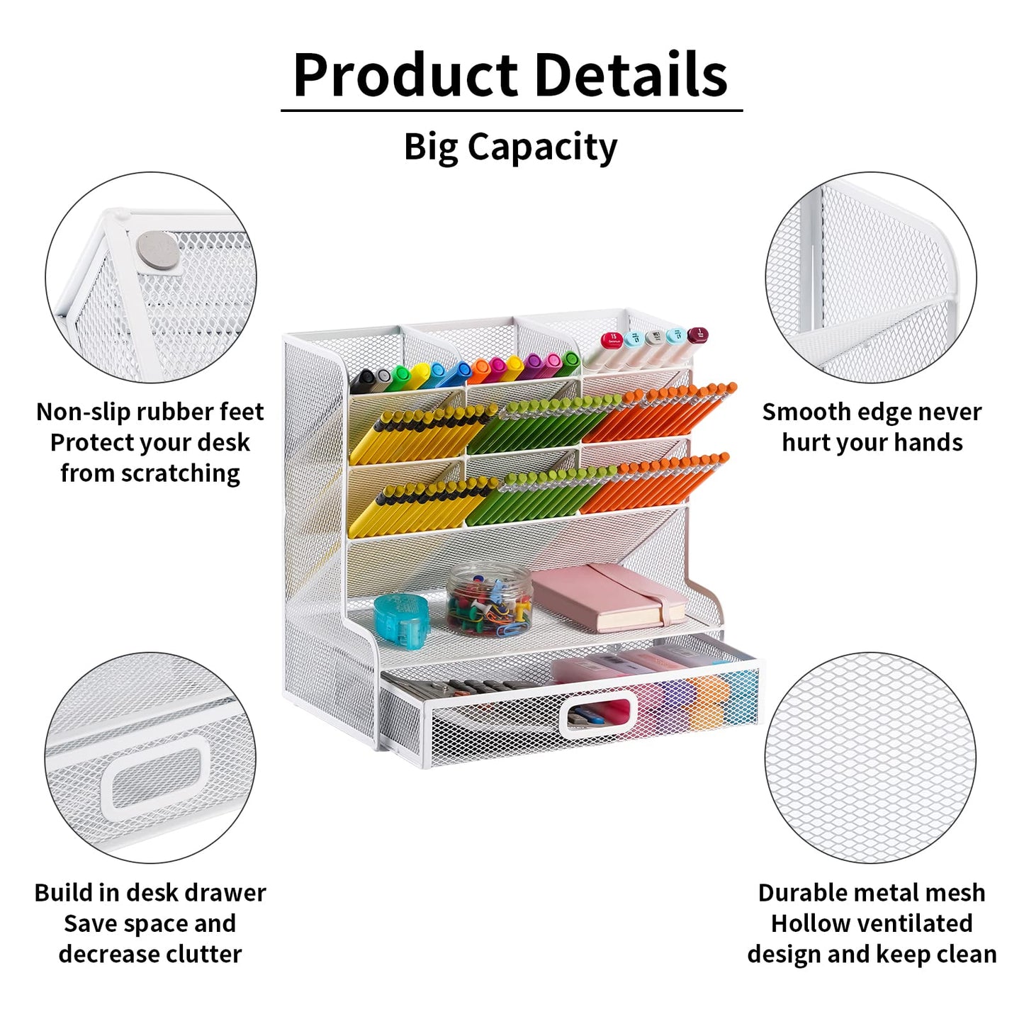 Marbrasse Mesh Desk Organizer - Multi-Functional Pen Holder with Drawer, Desktop Stationary Storage Rack for School, Home, Office, Art Supplies (White Mesh)