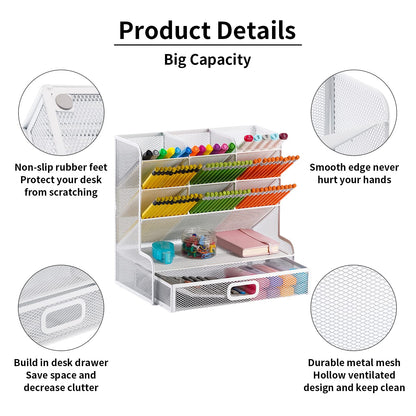 Marbrasse Mesh Desk Organizer - Multi-Functional Pen Holder with Drawer, Desktop Stationary Storage Rack for School, Home, Office, Art Supplies (White Mesh)