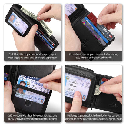 CALFART Slim RFID Blocking Leather Wallet for Men, Front Pocket Bifold Wallet with Zipper Coin Pocket and 2 ID Windows, Credit Card Holder