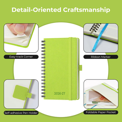 IN-LUXPRO Planner 2026-2027 Daily Weekly and Monthly,6.5"x3.75",18 Months Spiral Bound Calendar Agenda with Self-adhesive Pen Holder,2026 Academic Plan with Vegan Leather Soft Cover,Wasabi Green