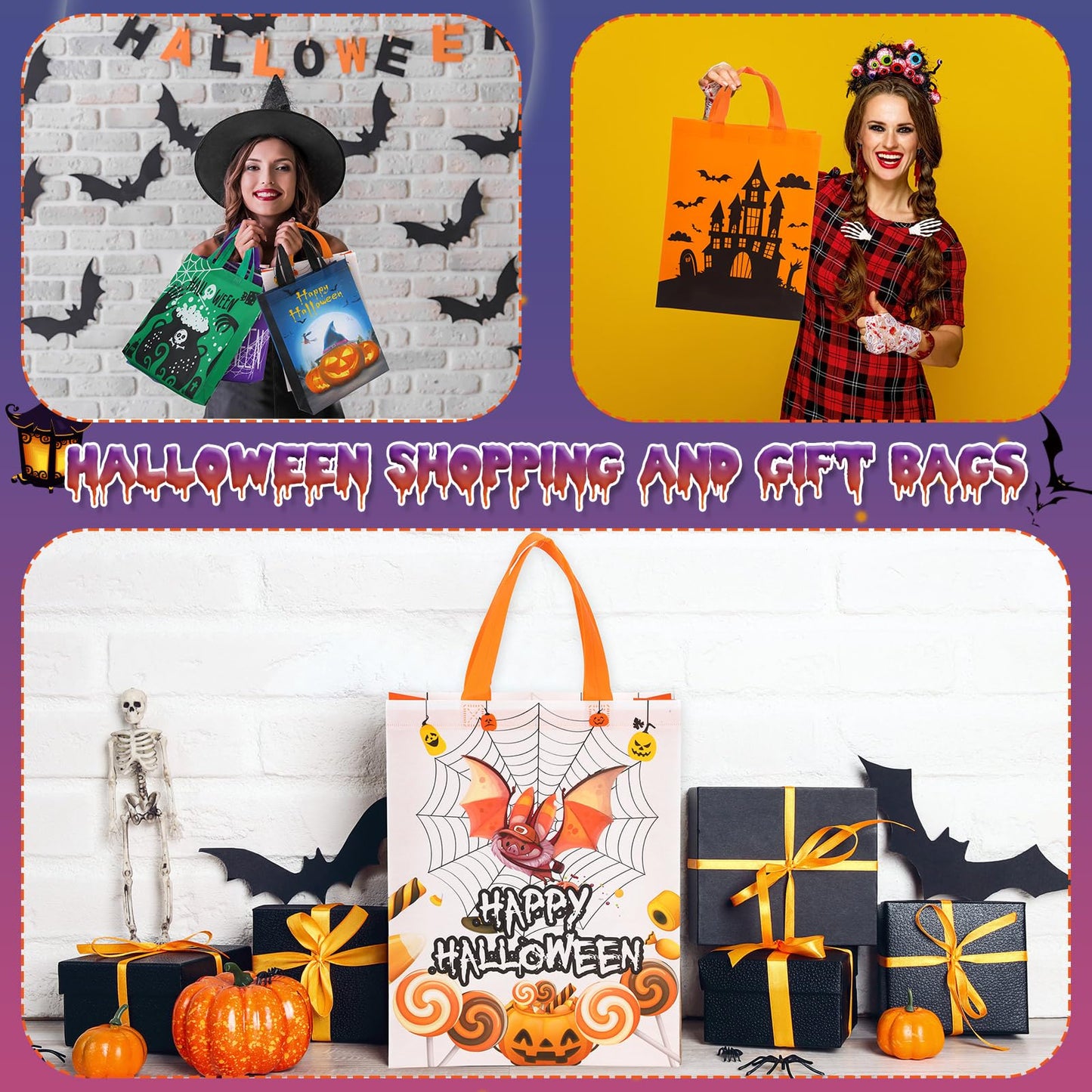 Sanwuta 24 Pcs Halloween Tote Gift Bags 14.9 x 11.8 Large Trick or Treat Reusable Non Woven Candy Treat Goodies Bags for Halloween Party Supplies