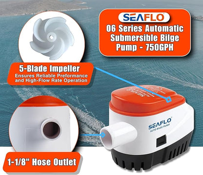 SEAFLO 06 Series Automatic Submersible Bilge Pump - 1100 GPH, 12V, 1-1/8"" Outlet, 4-Year Warranty! Built-In Float Switch, Snap-Off Strainer, Compact for Marine Boat Yacht, CE & Rohs Certified