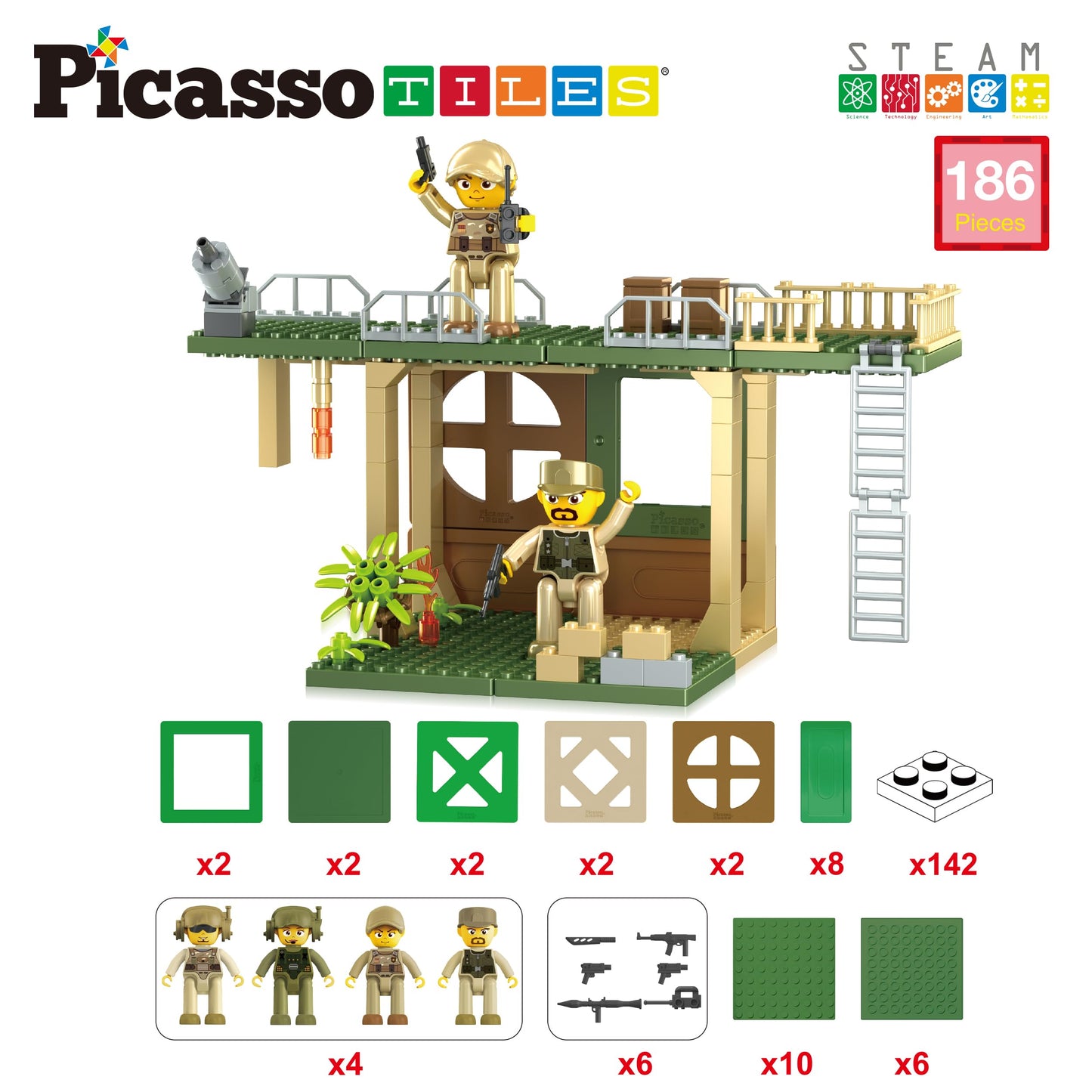 PicassoTiles Magnet Tile Building Brick Blocks Military Combat Force Theme Magnetic Tiles Construction Block Playset 4 Character Action Figures with Weapons Interlocking Bricks STEM Toy Ages 3+ PTL18