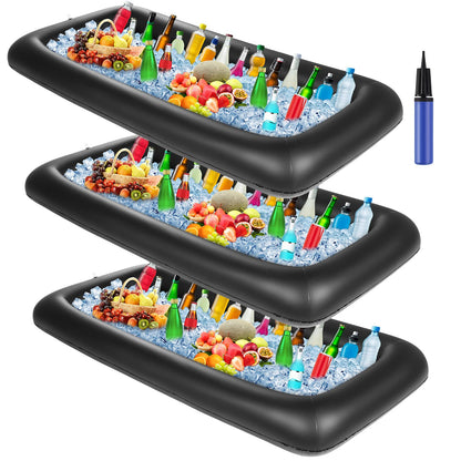 Leitee 3 Pcs Inflatable Serving Bar 52 x 24 x 5'' Ice Buffet Serving Tray Drink Cooler with Drain Plug Inflatable Pool Bar for Party Food Drink Holders with a Hand Pump(Black)