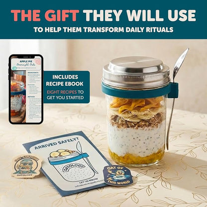 Overnight Oats Jars with Lids and Spoon - Glass Chia Pudding Containers - 16 oz Leakproof Mason Jar for Oatmeal - Wide Mouth To Go Meal Prep Cup with Measurement Markings - 2 Pack