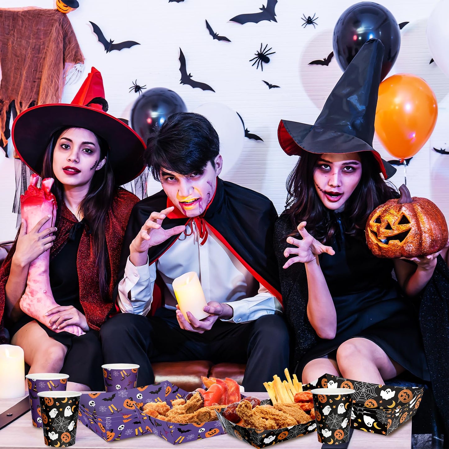 Acellegic 100 Pcs Halloween Paper Disposable Tableware Paper Food Trays Serving Boats Snack Food Container 9 oz Pumpkin Ghost Bats Disposable Cups Black Purple Halloween Party Supplies Kit