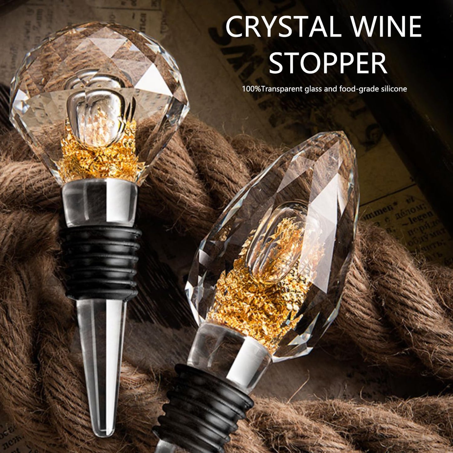 Halyuhn 100% Glass Wine Stopper 1Pcs, Elegant Wine Stopper with Gold Foil for Kitchen Wine storage, Decorative Crystal Round Wine and Beverage Bottle Stopper, Made of Premium Glass and Silicone, Clear