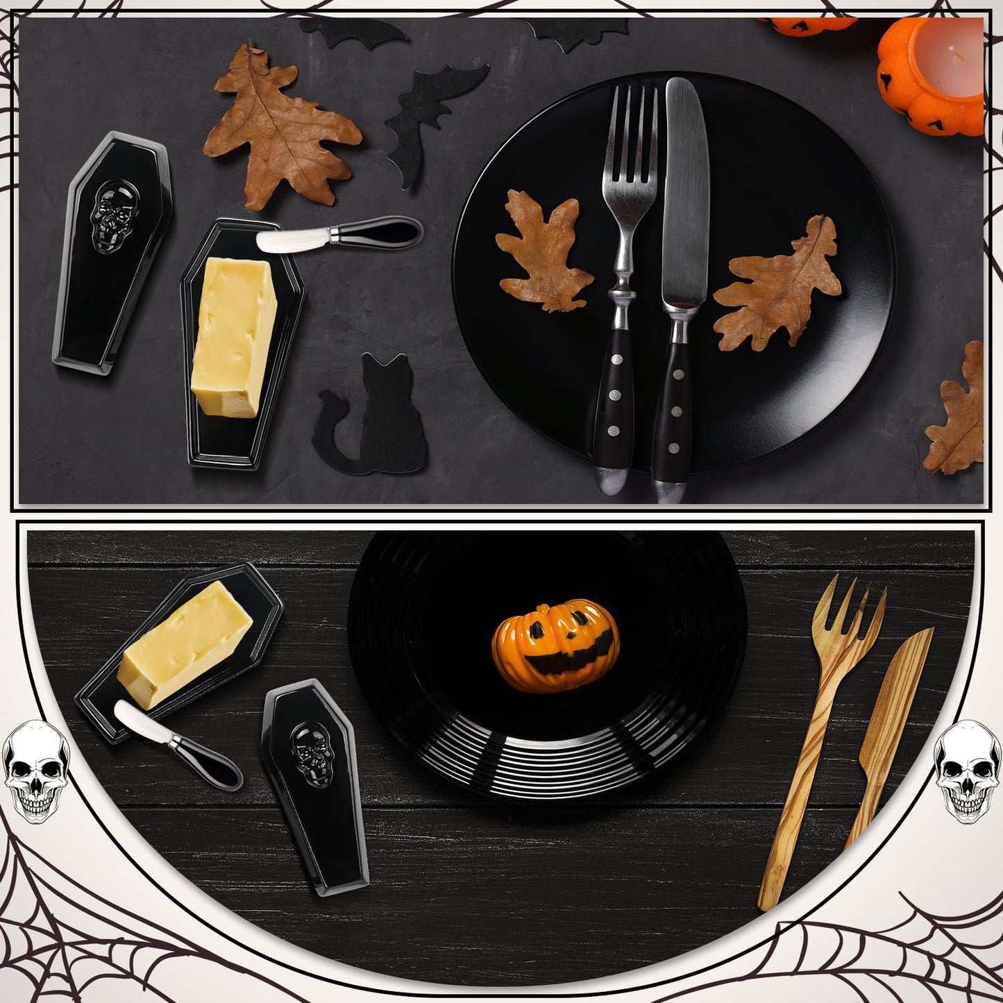 Reallnaive 2 Pcs Coffin Butter Dish with Lid Set with Butter Knife Black Gothic Skull Shape Ceramic Halloween Gothic Horror Kitchen Utensils Gift for Halloween Table Decoration Party Supplies(Flat)