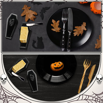 Reallnaive 2 Pcs Coffin Butter Dish with Lid Set with Butter Knife Black Gothic Skull Shape Ceramic Halloween Gothic Horror Kitchen Utensils Gift for Halloween Table Decoration Party Supplies(Flat)