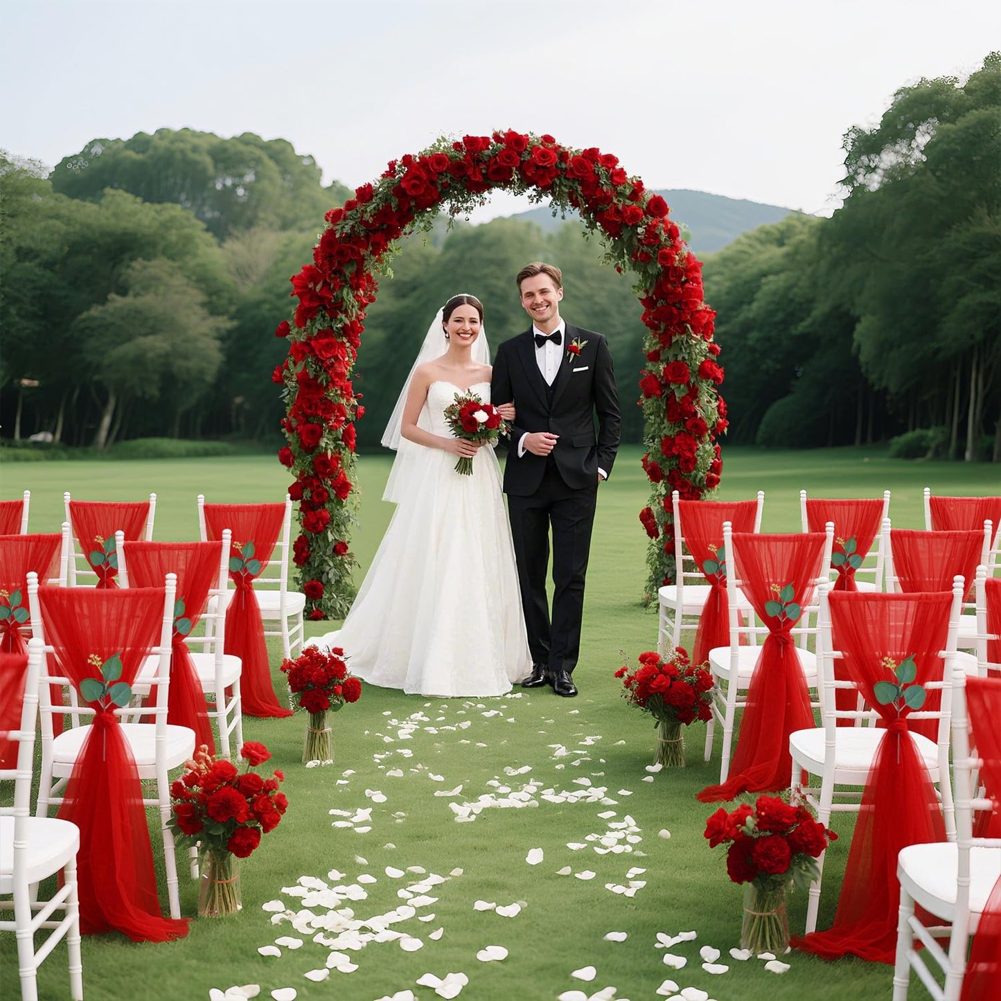 FUHSY Wedding Chair Sashes Upgraded 24 Pack 8FT Long Red Sashes for Chair Covers Aisle Decorations for Wedding Ceremony Sheer Chiffon Chairs Bows for Party Event Banquet Prom Decor