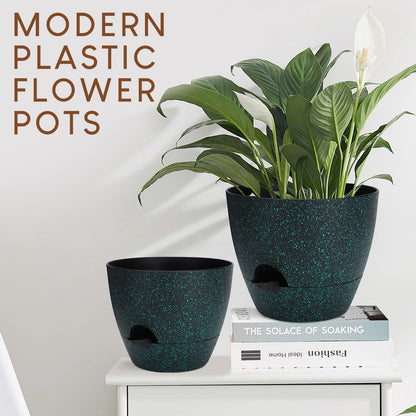 YNNICO Plant Pots 10/9/8/7.5/7 inch, Self Watering Planters with Drainage Holes & Saucers for Indoor and Outdoor Plants (Green Speckles)