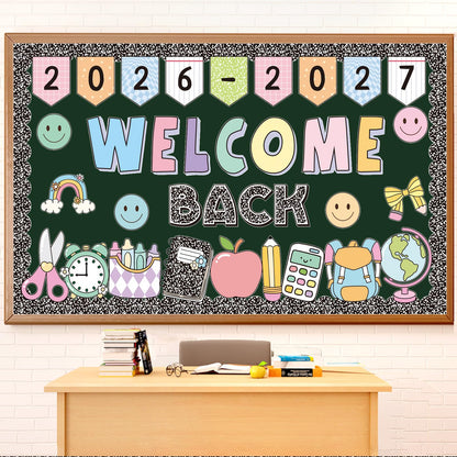2026-2027 Welcome Back Bulletin Board Decorations Set with Borders Composition Notebook Smile Cutouts Decor for Teachers Back to School Bulletin Board for Class School Classroom Chalkboard Wall Decor