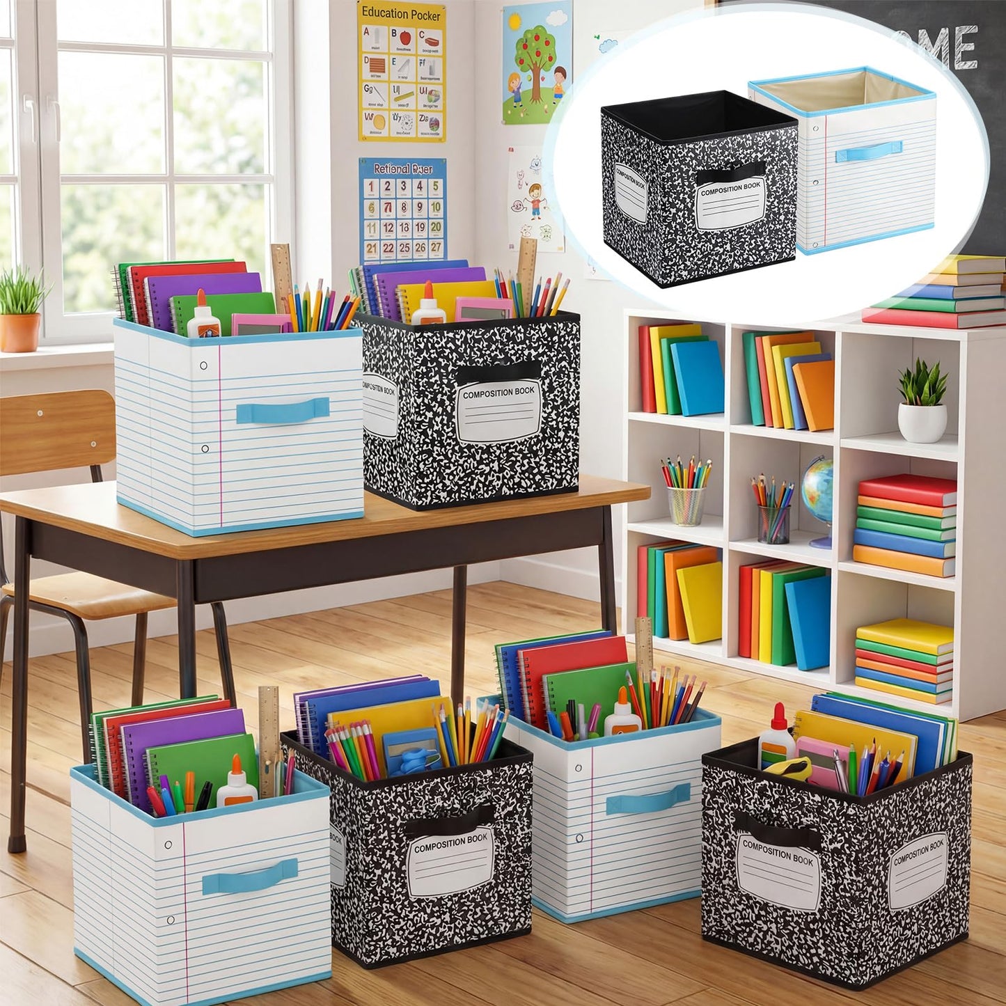 Briwooody 6 Pcs 11 Inch Composition Book Classroom Fabric Storage Bins Cube Classroom Must Have Cubby Basket Bin Notebook School Collapsible Storage Treasure Prize Box for Daycare Elementary Preschool