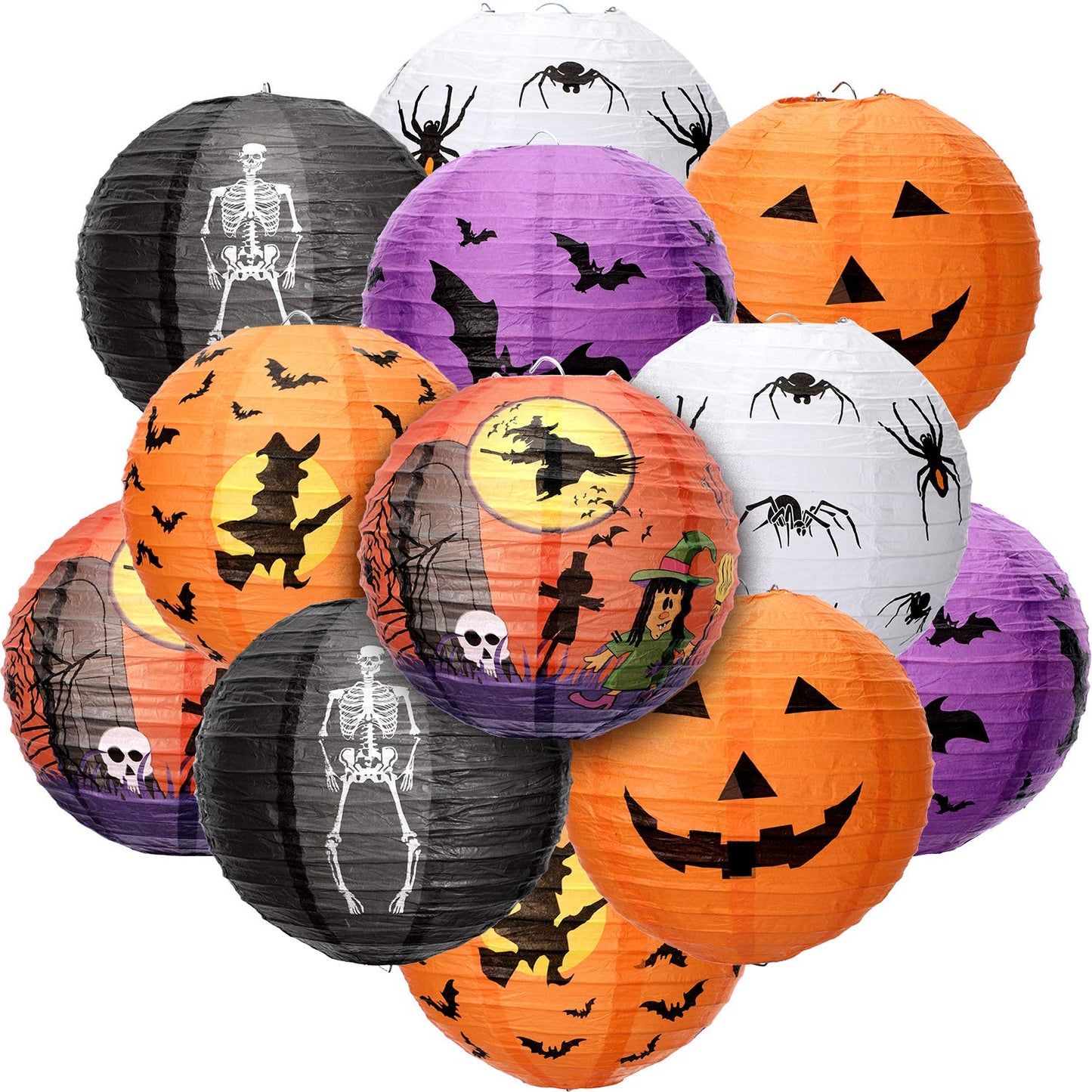 12 Pieces Halloween Paper Lanterns Jack O Lantern Pumpkin Hanging Lanterns Spider Bat Skeleton Lanterns for Halloween Indoor Outdoor Party Decoration Supplies, 8 Inches