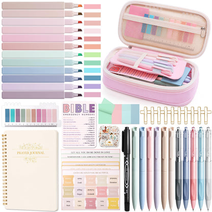 XKDOUS 60 Pcs Bible Study Supplies, Bible Study Kit for Women, Bible Journaling Supplies with Spiral Notebook Journal, Bible Tabs, Pen Case and More, Bible Highlighters and Pens No Bleed for Books