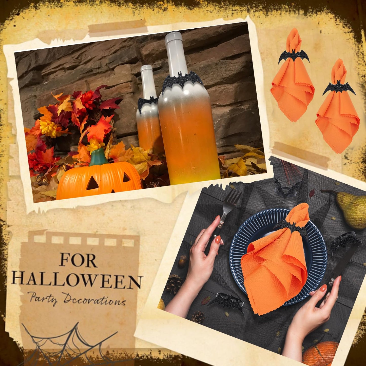 Whaline 16Pcs Halloween Bat Napkin Ring with Washable Orange Cloth Dinner Napkins 4 Designs Black Bat Metal Napkin Ring Holders for Home Dinner Table Setting