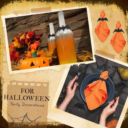 Whaline 16Pcs Halloween Bat Napkin Ring with Washable Orange Cloth Dinner Napkins 4 Designs Black Bat Metal Napkin Ring Holders for Home Dinner Table Setting