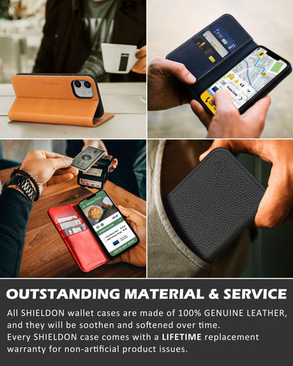 SHIELDON Wallet Case for iPhone 12 5G, Genuine Leather Folio Case Magnetic Shock Absorbing Cover RFID Blocking Credit Card Holder Kickstand Compatible with iPhone 12/12 Pro 6.1" - Retro Brown