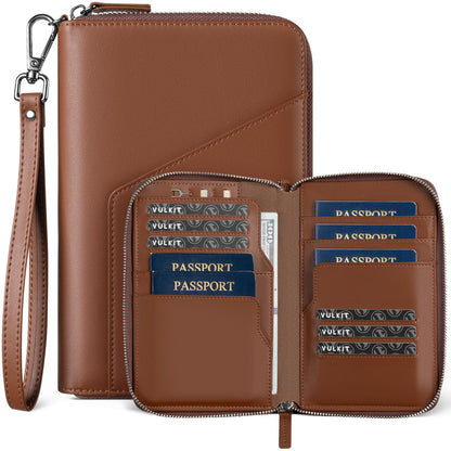 VULKIT Family Passport Holder for 4 Passports - RFID Blocking Travel Wallet Holds Up to 5, Organizer with 4 Slots for Cards & SIM, Secure Zipper Closure, Family Travel Essentials (Espresso)