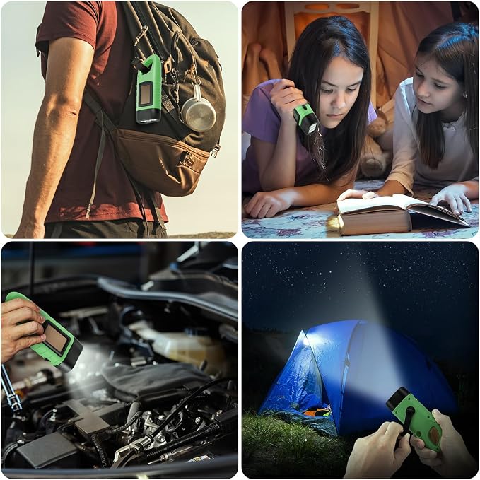 Simpeak 2-Pack Hand Crank Solar Powered LED Flashlight, Emergency Survival Flashlight with Dynamo Carbiner, Light Green