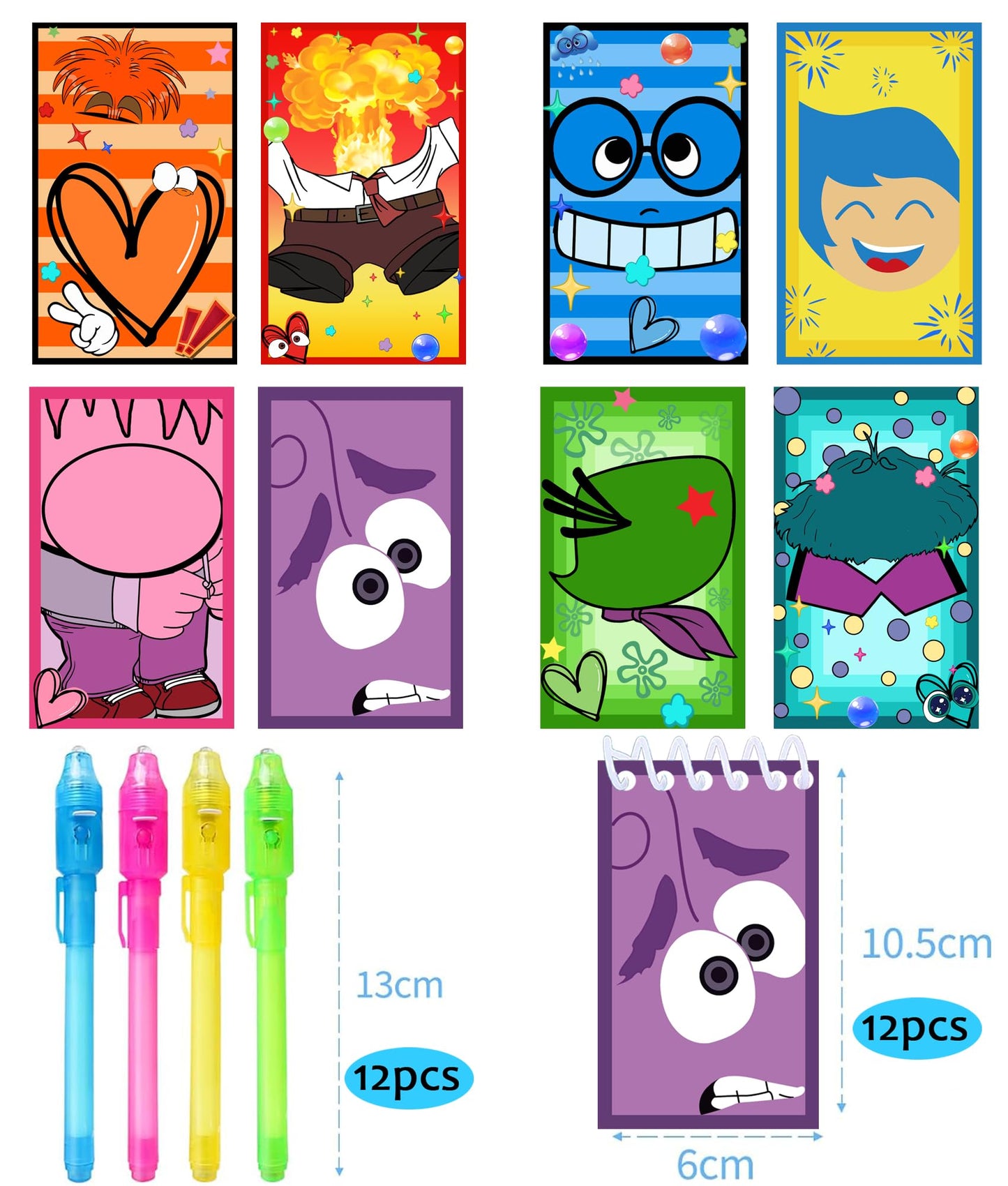 Junyaoii 12 UV Pens and 12 Cartoon Notebooks for Children's Birthday Party Favors, Boy & Girl Party Gift Bag Stuffers, Advent Calendar Birthday Decoration