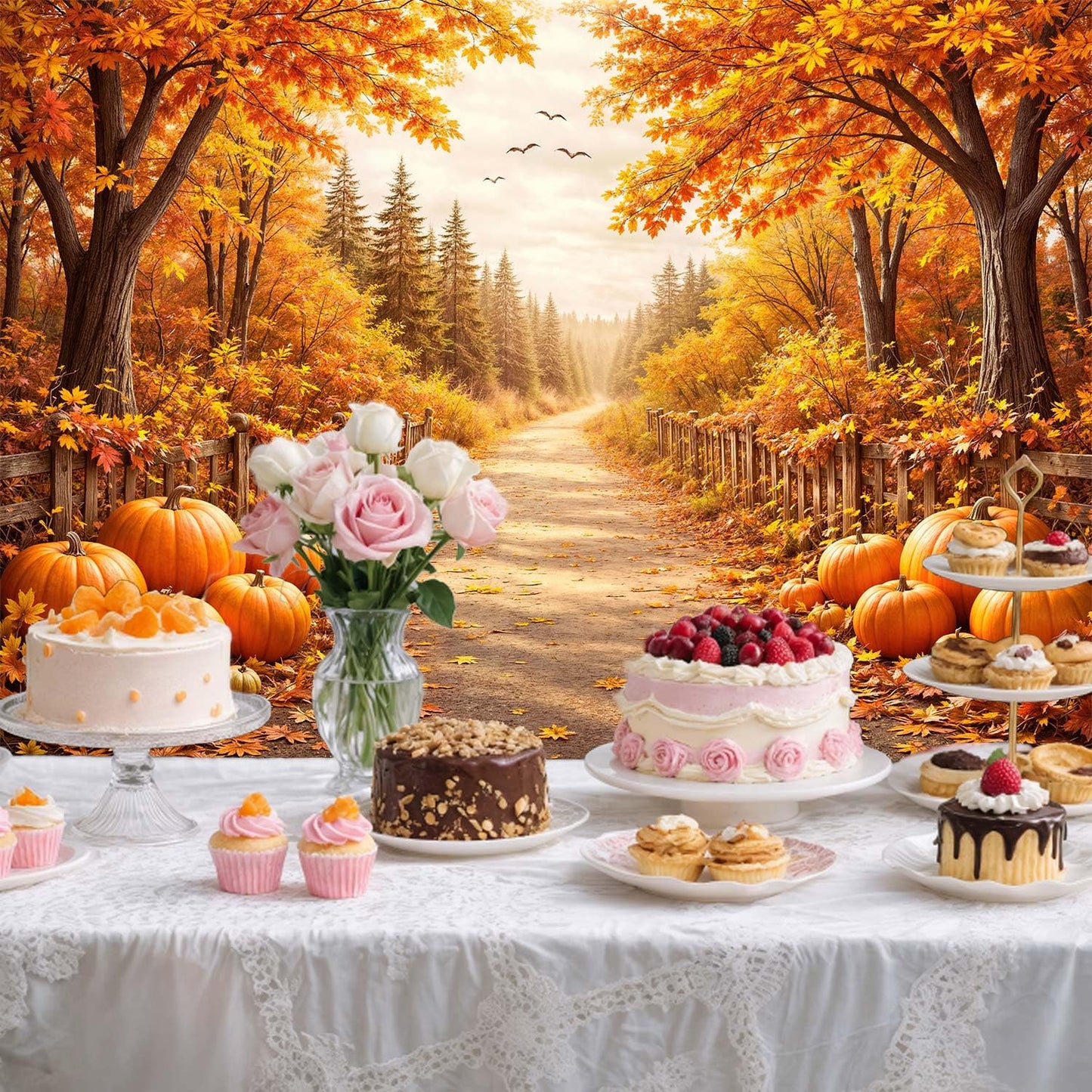 Bondjos Fall Photography Backdrop, Fall Pumpkin Rustic Country Road Maple Leaf Forest Photo Backdrop,Vibrant Photoshoot Backdrop, Photo Booth Background for Autumn Thanksgiving Halloween Party Decor
