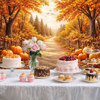 Bondjos Fall Photography Backdrop, Fall Pumpkin Rustic Country Road Maple Leaf Forest Photo Backdrop,Vibrant Photoshoot Backdrop, Photo Booth Background for Autumn Thanksgiving Halloween Party Decor